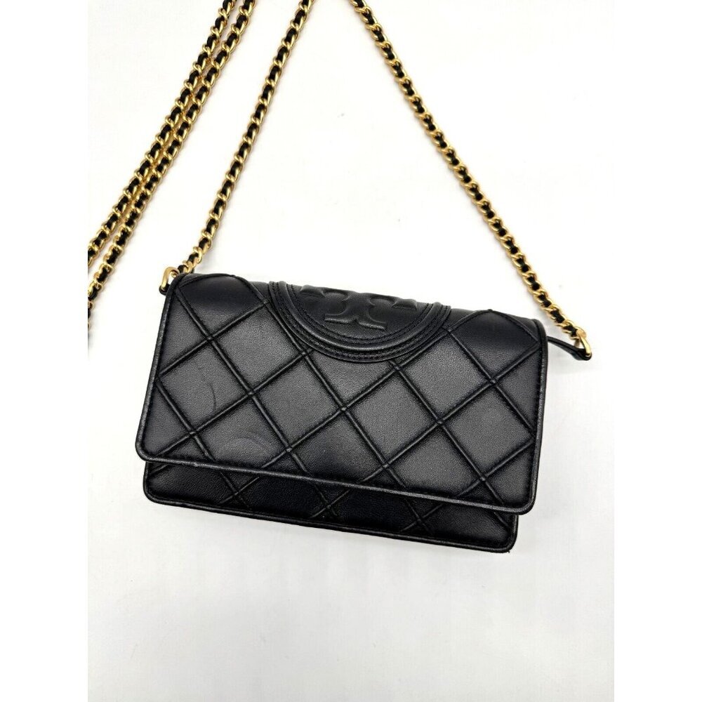 TORY BURCH Fleming soft leather wallet on chain crossbody bag clutch -Black